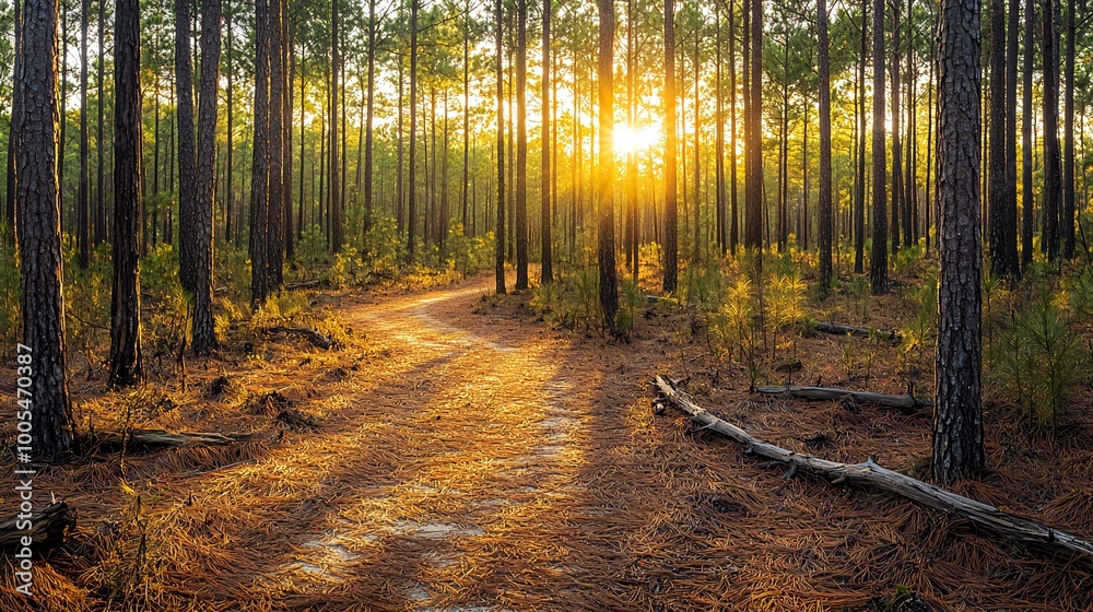 Fototapeta premium A sun-drenched path winds through a lush pine forest, casting long shadows on the ground.