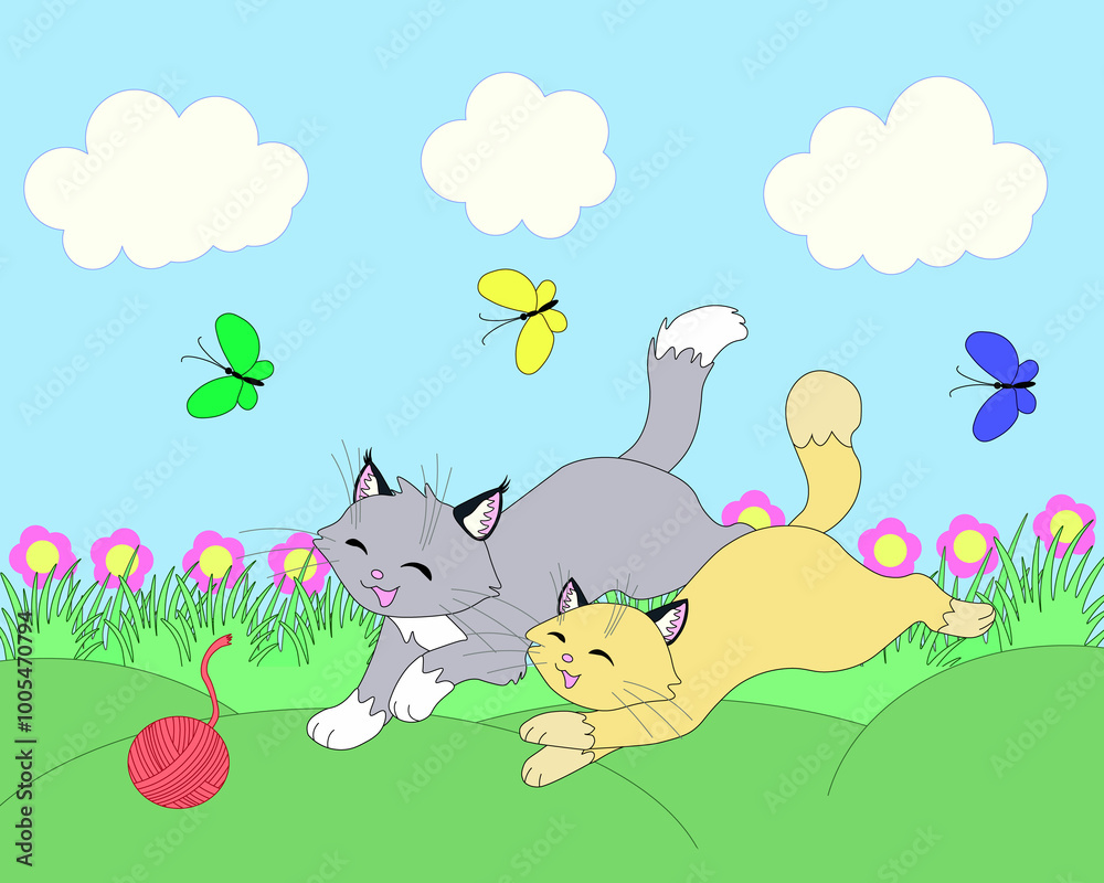 Fototapeta premium beige and gray cats happily run with each other after a red ball across a meadow with flowers