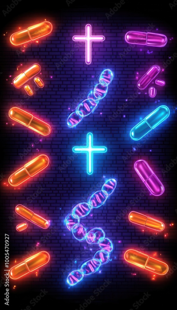 Neon pharmacy sign with cross symbol flat design, top view, urban pharmacy theme, cartoon drawing, Splitcomplementary color scheme Neon pharmacy sign with cross symbol flat design, top view, urban pharmacy theme, cartoon drawing, Splitcomplementary color scheme
