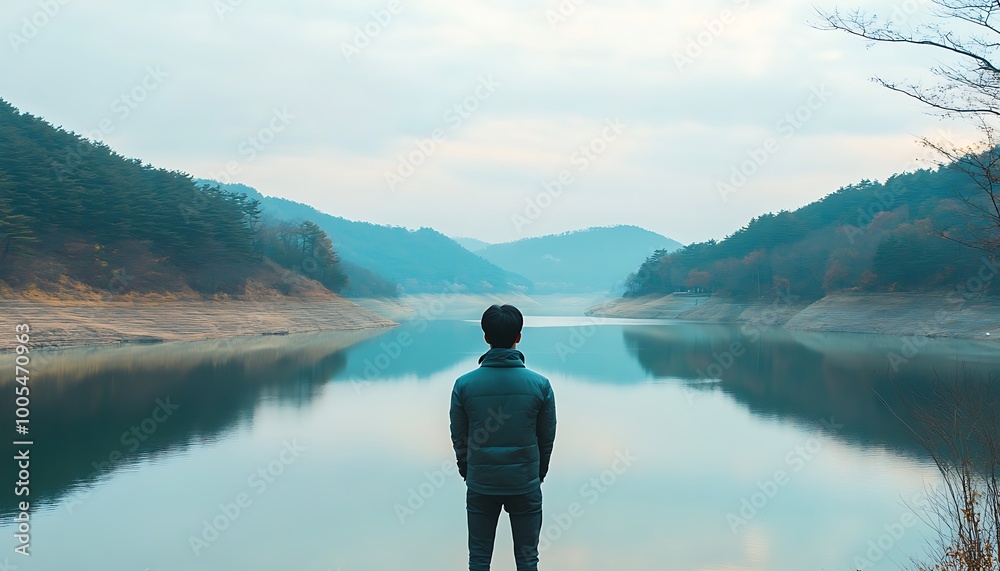 Fototapeta premium Man Contemplating a Tranquil Lake Landscape