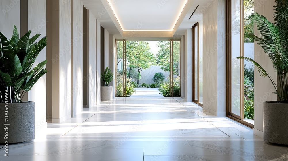 Fototapeta premium Bright and modern hallway with large windows, abundant natural light, and greenery creating a serene atmosphere.