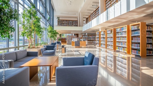 Bright and inviting library interior featuring modern furniture and shelves filled with books, ideal for study and relaxation.