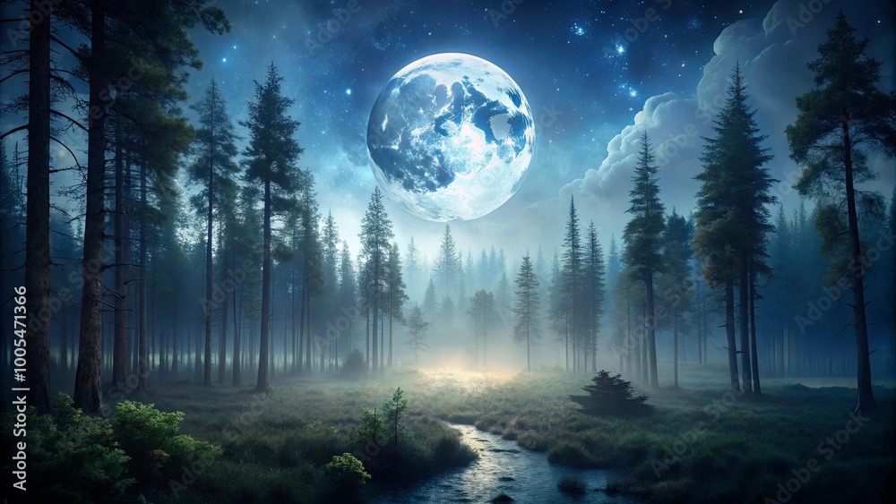 Fototapeta premium Enchanted Forest Underneath a Full Moon and a Sky of Stars