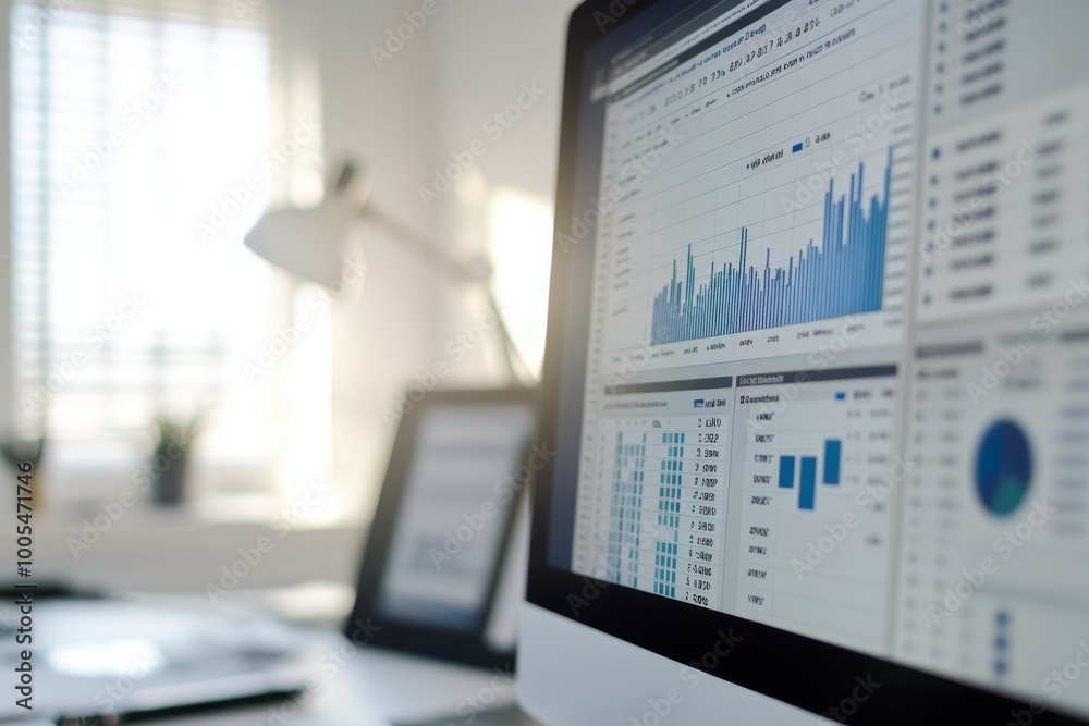 A computer screen with a graph and data charts displayed on it. A computer screen with a graph and data charts displayed on it.