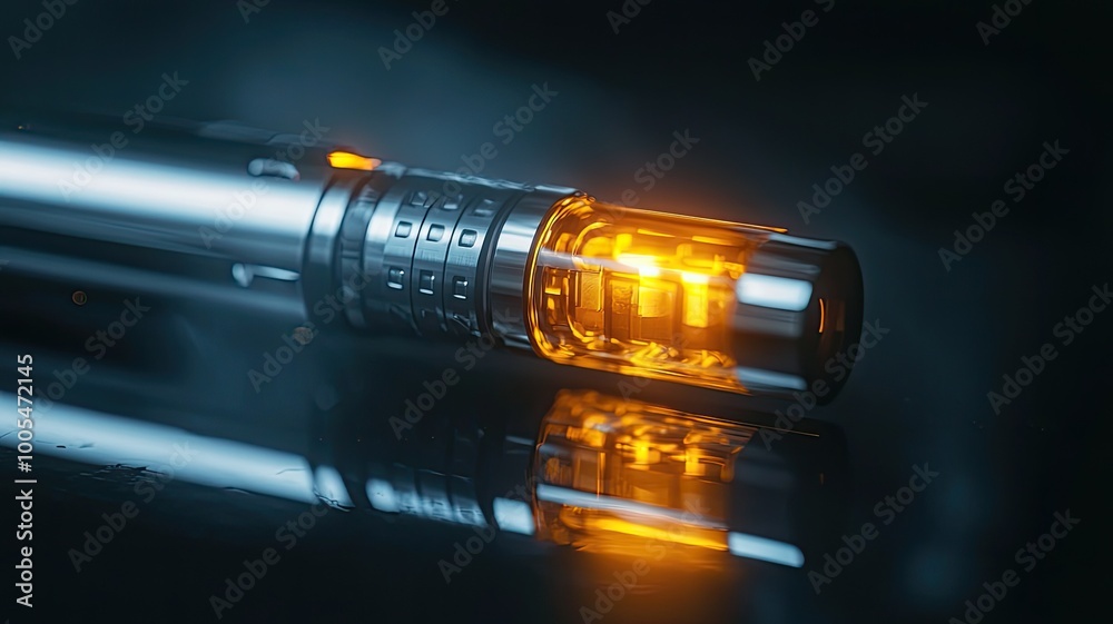 Close-up of a sleek vape pen with glowing orange light, showcasing modern design and reflective surface in dark ambiance. Close-up of a sleek vape pen with glowing orange light, showcasing modern design and reflective surface in dark ambiance.