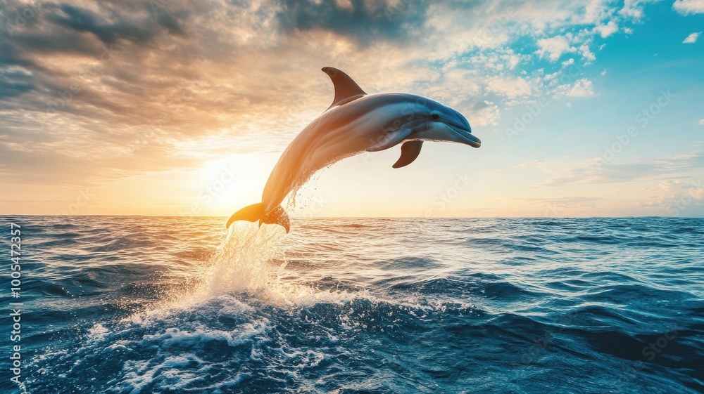 Dolphin leaping from the ocean at sunset, vibrant colors in the sky, dynamic action shot. Dolphin leaping from the ocean at sunset, vibrant colors in the sky, dynamic action shot.