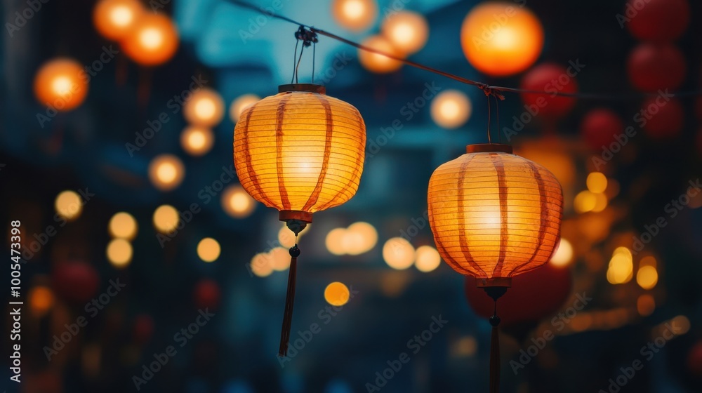 Bright glowing lanterns floating into the night sky during a traditional festival celebration Bright glowing lanterns floating into the night sky during a traditional festival celebration