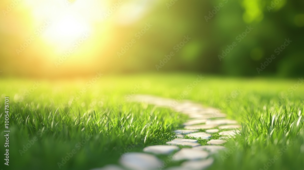 Worn Path Through Green Grass Under Golden Light Worn Path Through Green Grass Under Golden Light