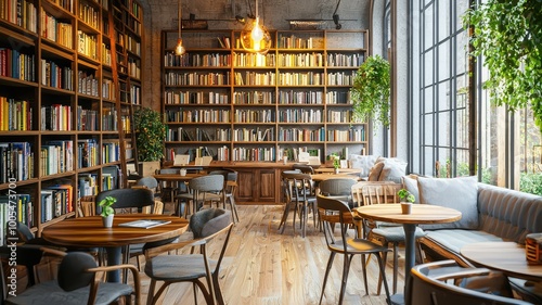 Cozy library cafe with wooden furniture, bookshelves, and warm lighting, perfect for reading and relaxation.