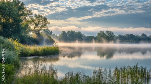 A calming morning scene with mist rising from a lake as soft rays of sunlight break through the clouds