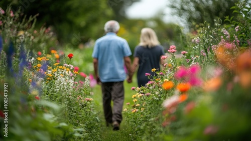 Elderly couple walking hand in hand through a colorful flower garden.