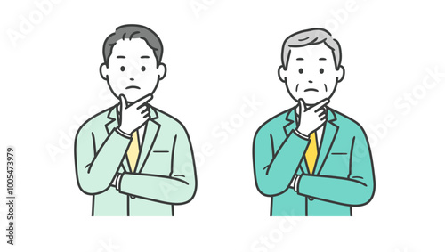 顔に手を当てて悩むビジネスマンの上半身イラスト