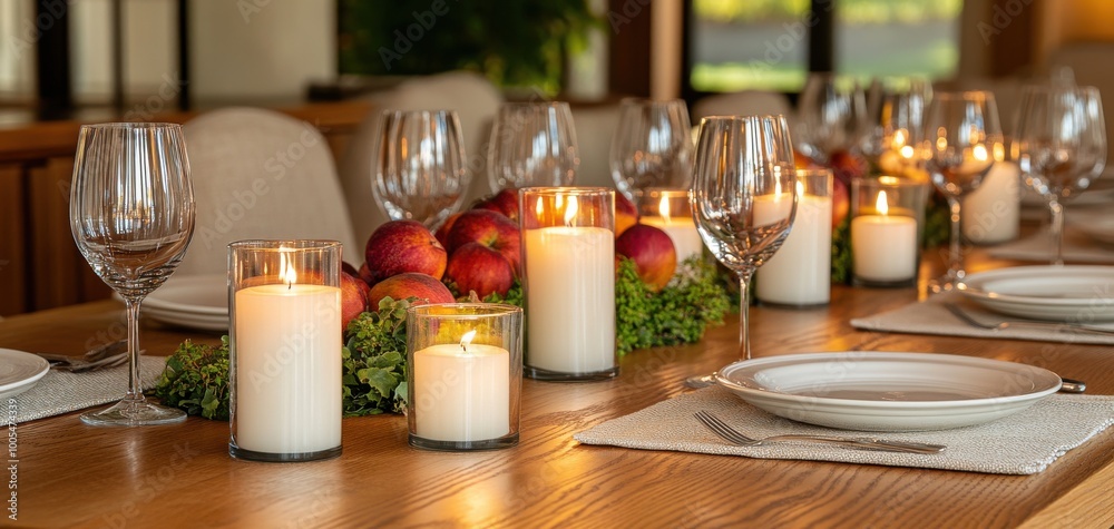 Elegant dining setup with candles, apples, and glassware on a wooden table. Elegant dining setup with candles, apples, and glassware on a wooden table.