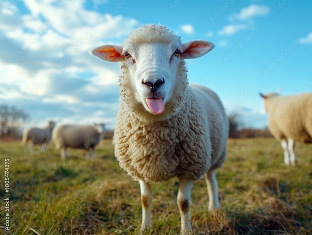 Fototapeta premium Sheep with tongue out in a field