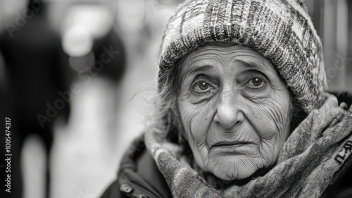 Elderly woman with a thoughtful expression, wearing a knitted hat and scarf.