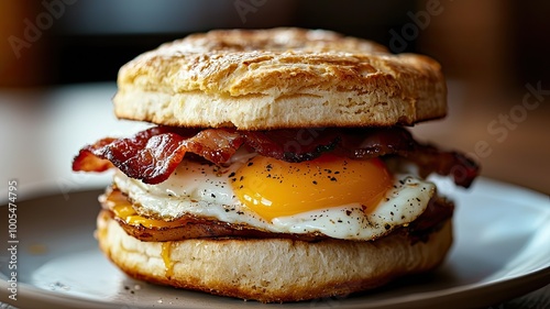 Delicious breakfast sandwich with crispy bacon, fried egg, and flaky biscuit, perfect for a hearty morning meal. photo