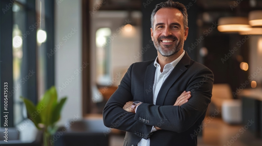Fototapeta premium A confident businessman with arms crossed smiles for the camera in a modern office setting.