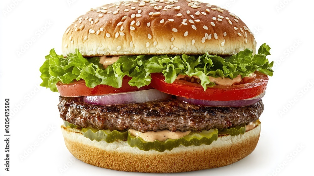 Delicious hamburger with fresh lettuce, tomato, and pickles on a sesame seed bun perfect for a tasty meal. Delicious hamburger with fresh lettuce, tomato, and pickles on a sesame seed bun perfect for a tasty meal.