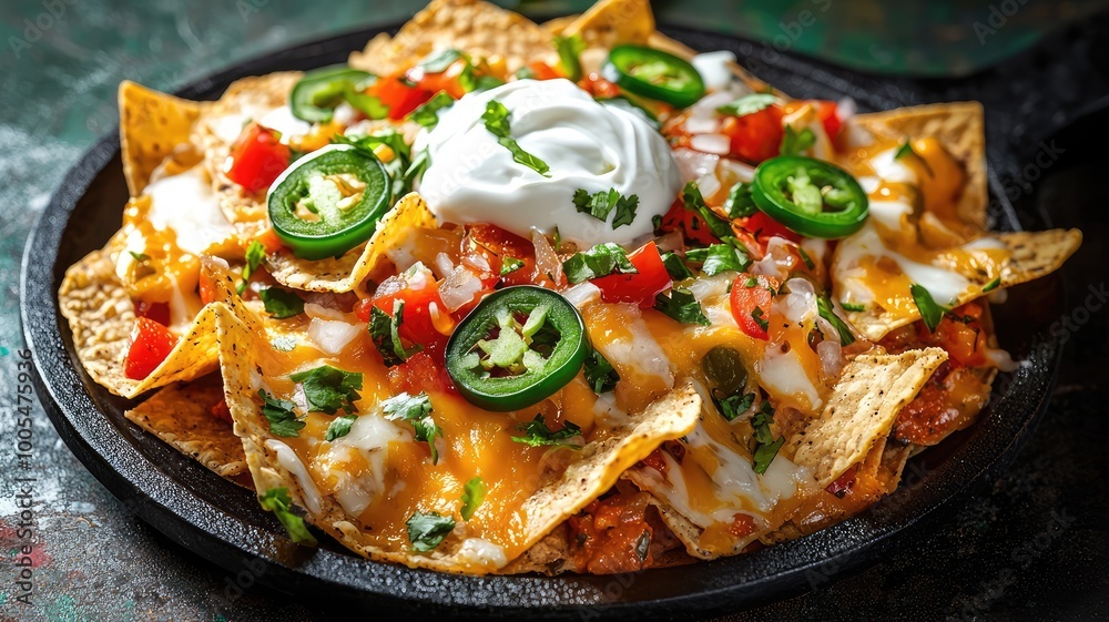 Delicious nachos topped with melted cheese, fresh jalapenos, diced tomato, and creamy sour cream on a sizzling platter.