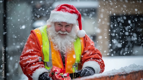 Festive Santa Claus Ensuring Safety in High-Visibility Jacket on Snowy Rooftop Delivery During Holidays