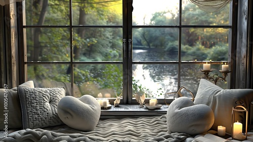 A cozy nook with heart shaped pillows soft throw and a window view of nature outside
