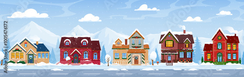 Christmas winter town. Vector countryside cityscape, adorned with twinkling lights, cozy cottages, and a festive atmosphere. Snowflakes dance, and the air is filled with warmth and holiday cheer