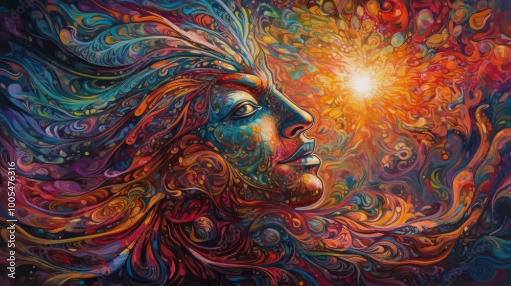 A vibrant, abstract portrait blending human features with colorful swirls. A vibrant, abstract portrait blending human features with colorful swirls.