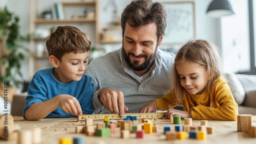 Family engaging in playful activities with colorful building blocks indoors Family engaging in playful activities with colorful building blocks indoors