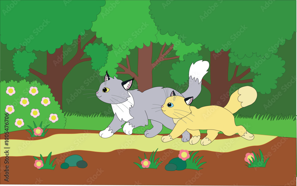 Naklejka premium beige and grey cat running along path through dense green forest