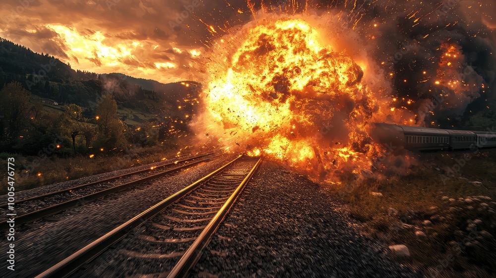Naklejka premium Dramatic explosion scene on railway, showcasing fiery blast and vibrant colors against a scenic backdrop.