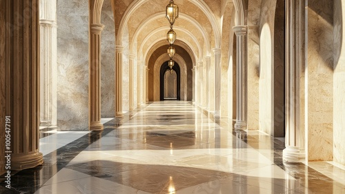 Elegant corridor with arches and polished floor, adorned with beautiful lights creating a serene atmosphere.