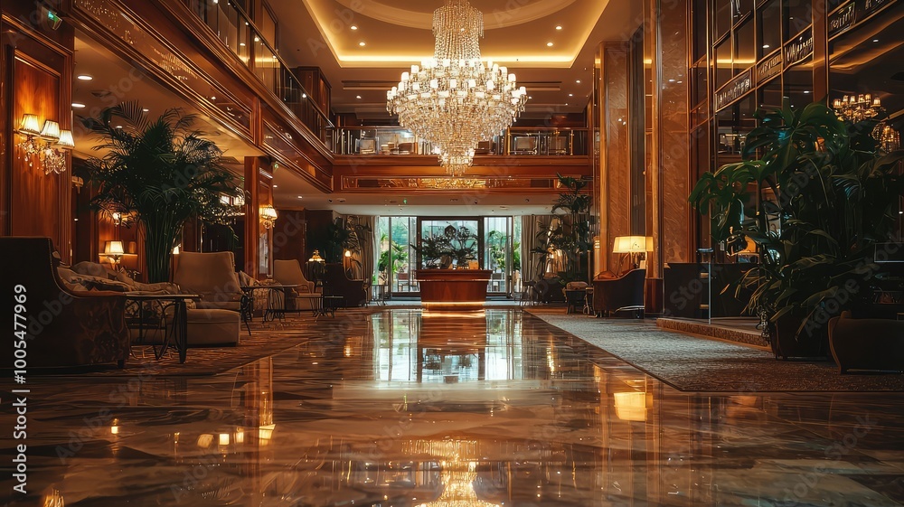 Obraz premium Elegant hotel lobby featuring plush seating, marble floors, and a stunning chandelier, creating a luxurious ambiance.