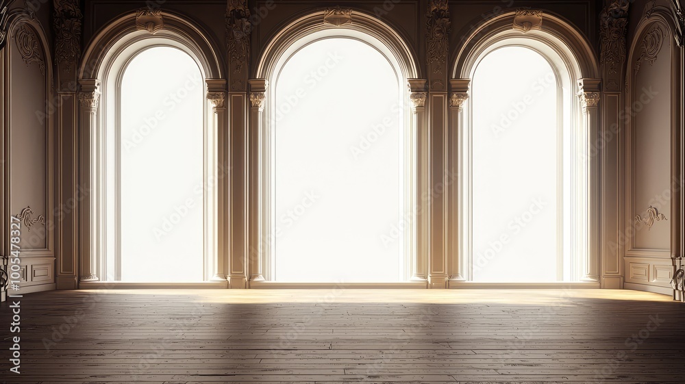 Naklejka premium Elegant interior with arched windows illuminating a spacious room, showcasing classic architecture and natural light.