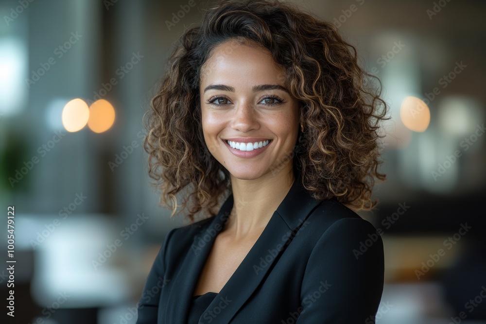 A confident woman with curly brown hair smiles directly at the camera. She is wearing a black blazer and is in a professional setting. A confident woman with curly brown hair smiles directly at the camera. She is wearing a black blazer and is in a professional setting.
