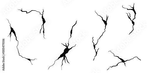 Hand drawn cracked wall, ground, glass, egg. doodle break set. vector illustration