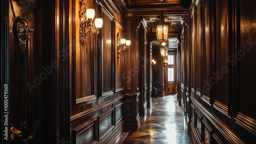 Elegant wooden hallway with ornate details and warm lighting, creating a luxurious and inviting atmosphere.