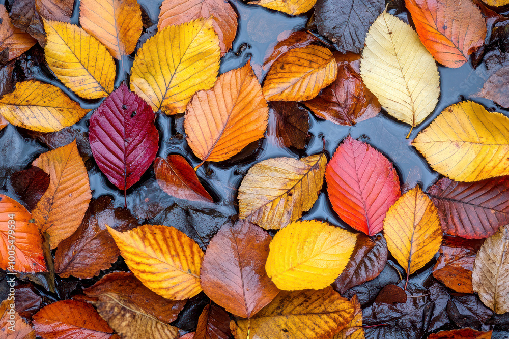 Fototapeta premium Coloured wet leaves lying on a wet road. AI generativ.