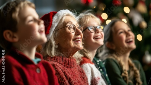 A Grandmother and Three Grandchildren Look Up in Joyful Anticipation