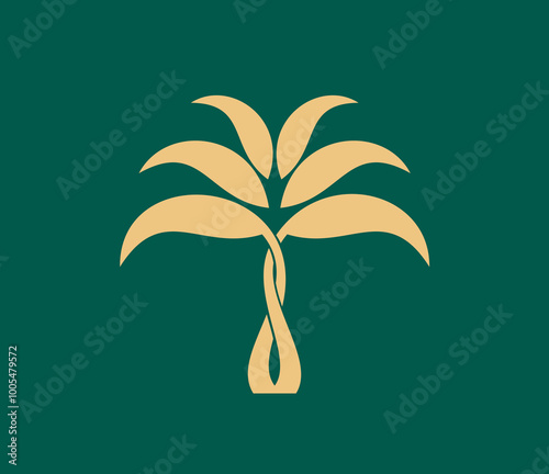 Tropical summer tropical palm beach tree icon. Vector golden palm tree plant with intertwined trunks on a dark green background, symbolizing growth, nature, summer beach vacation and exotic travel