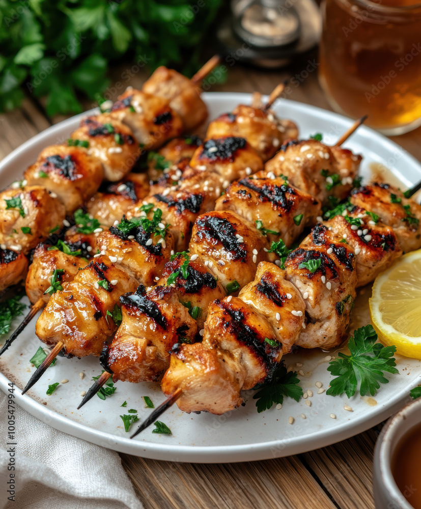 juicy honey chicken skewers . AI generative. juicy honey chicken skewers . AI generative.