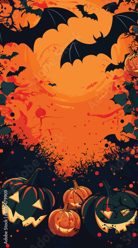 : Pumpkins and bats halloween background, Happy Halloween 