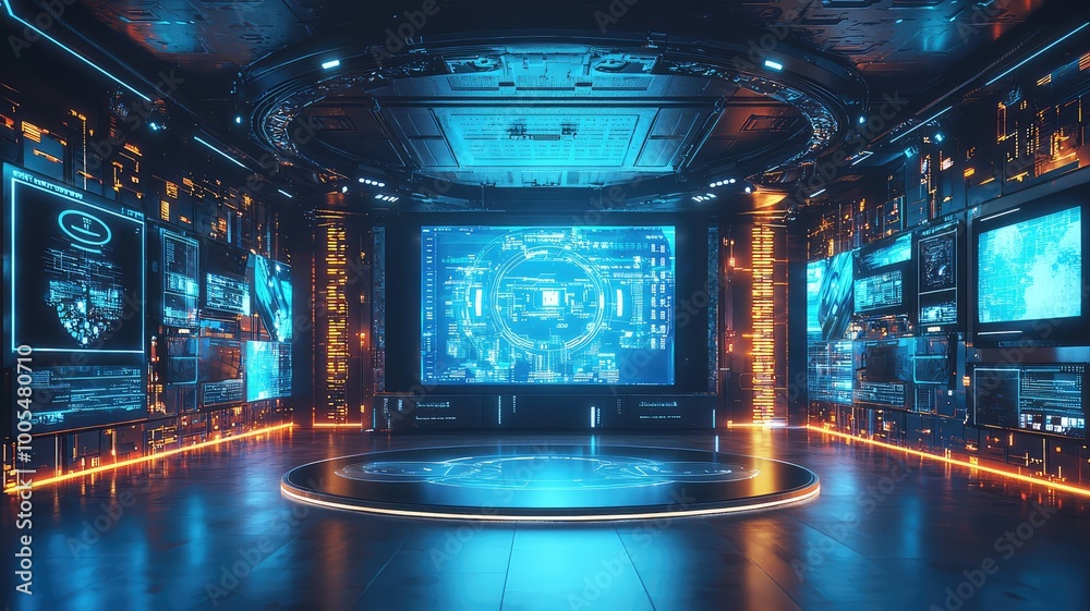 Fototapeta premium Futuristic digital control room with glowing screens, advanced technology, and a sleek design, ideal for sci-fi and tech projects.