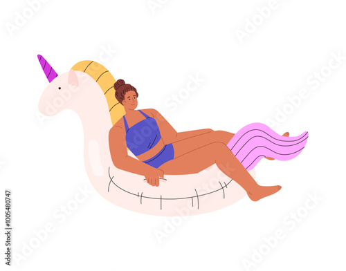 Vector illustration of a woman in a swimsuit on an inflatable unicorn.