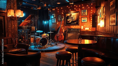 Intimate jazz club interior with cozy lighting, musical instruments, and elegant decor, perfect for live performances and gatherings.