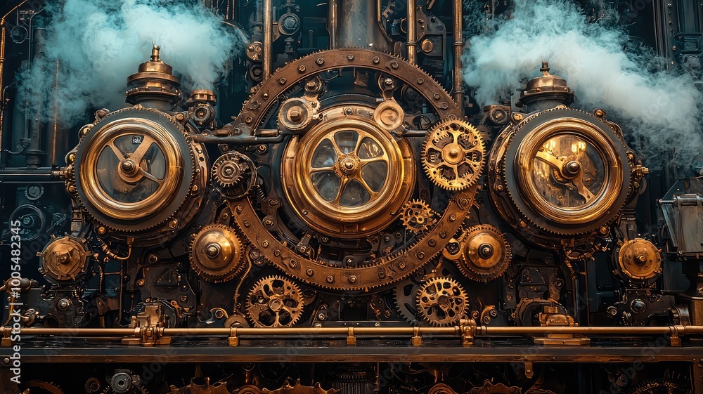Intricate steampunk machinery with gears, clocks, and steam, showcasing a blend of vintage design and mechanical innovation.