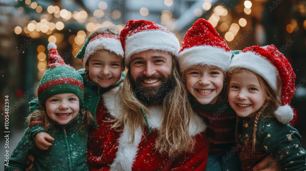 Santa and Three Kids in Festive Winter Wonderland Santa and Three Kids in Festive Winter Wonderland