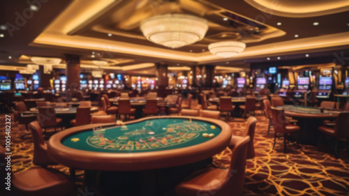 Abstract blur image of casino and gambling room interior for background usage.
