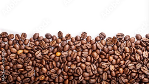 Panoramic coffee beans border with space for text on white background