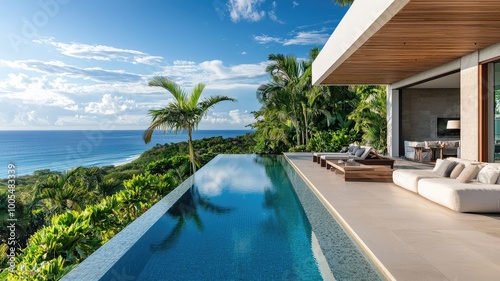 Luxury villa overlooking a serene ocean with a stunning infinity pool and lush tropical surroundings.