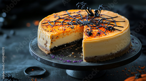 Frightfully Fun Halloween Cheesecake with Spiderweb Toppings and HalloweenThemed Sprinkles photo